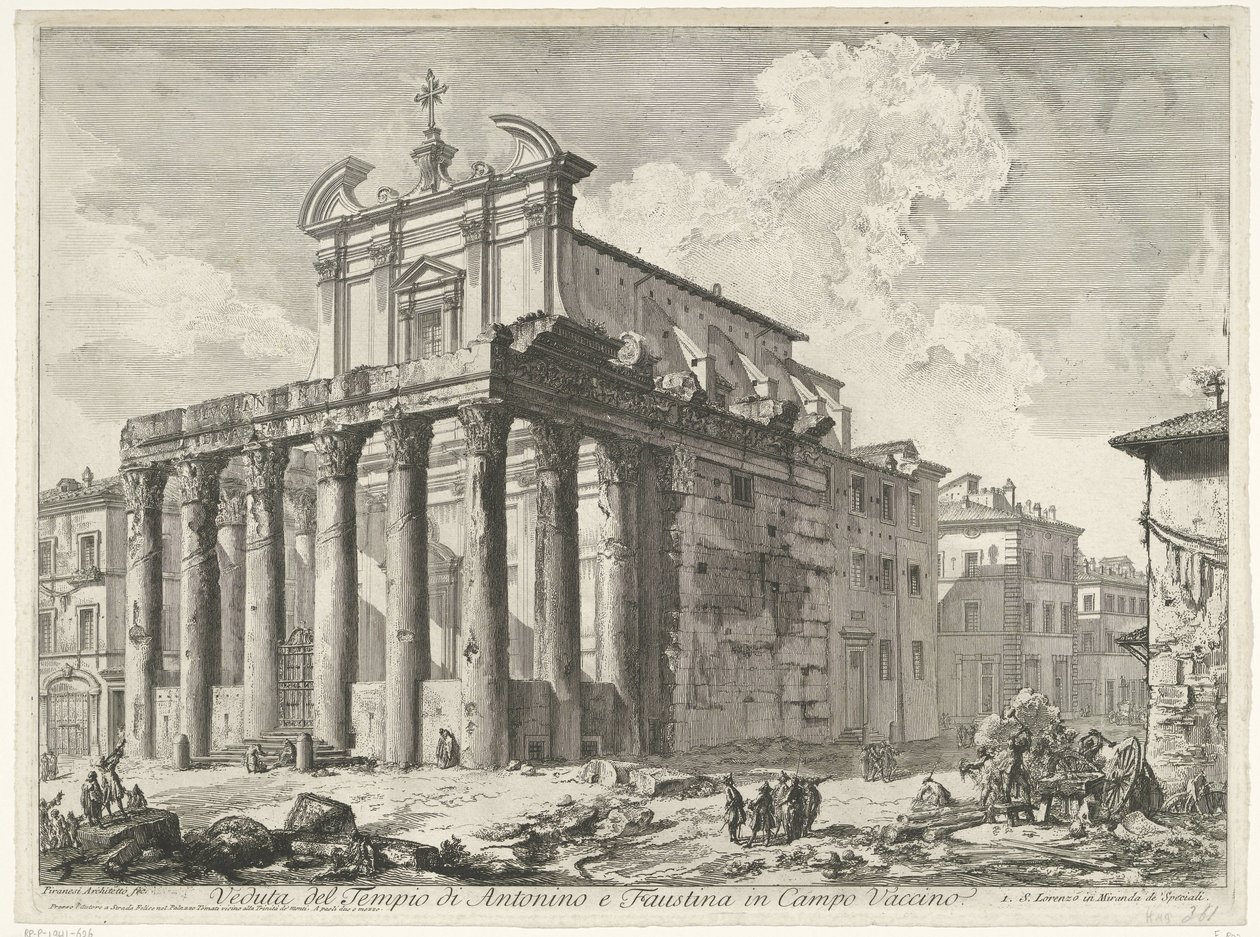 Tempel van Antoninus ja Faustina te Rome Näkymä Antoninuksen ja Faustinan temppelistä Campo Vaccinossa (otsikko esineessä) Gezichten op Rome (sarjan nimi) Näkymät Roomaan suunnitellut ja kaivertanut Giambattista Piranesi arkkitehti Ve (nez) iano (sarjan ni tekijältä Giovanni Battista Piranesi
