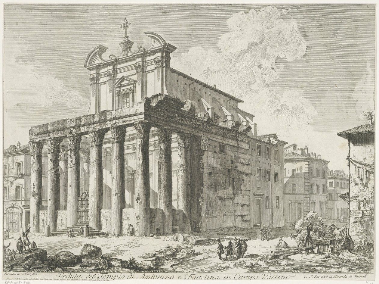 Tempel van Antoninus ja Faustina te Rome Näkymä Antoninuksen ja Faustinan temppelistä Campo Vaccinossa (otsikko esineessä) Gezichten op Rome (sarjan nimi) Näkymät Roomaan suunnitellut ja kaivertanut Giambattista Piranesi arkkitehti Ve (nez) iano (sarjan ni tekijältä Giovanni Battista Piranesi