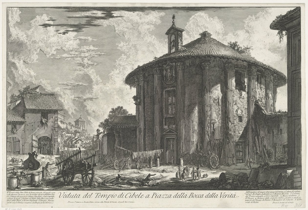 Tempel van Hercules Invictus Roomassa Näkymä Cybelen temppelistä Piazza della Bocca della Veritàlla (otsikko esineessä) Gezichten op Rome (sarjan nimi) Rooman näkymät piirtänyt ja kaivertanut Giambattista Piranesi arkkitehti Ve(nez)iano (sarjan nimi) tekijältä Giovanni Battista Piranesi