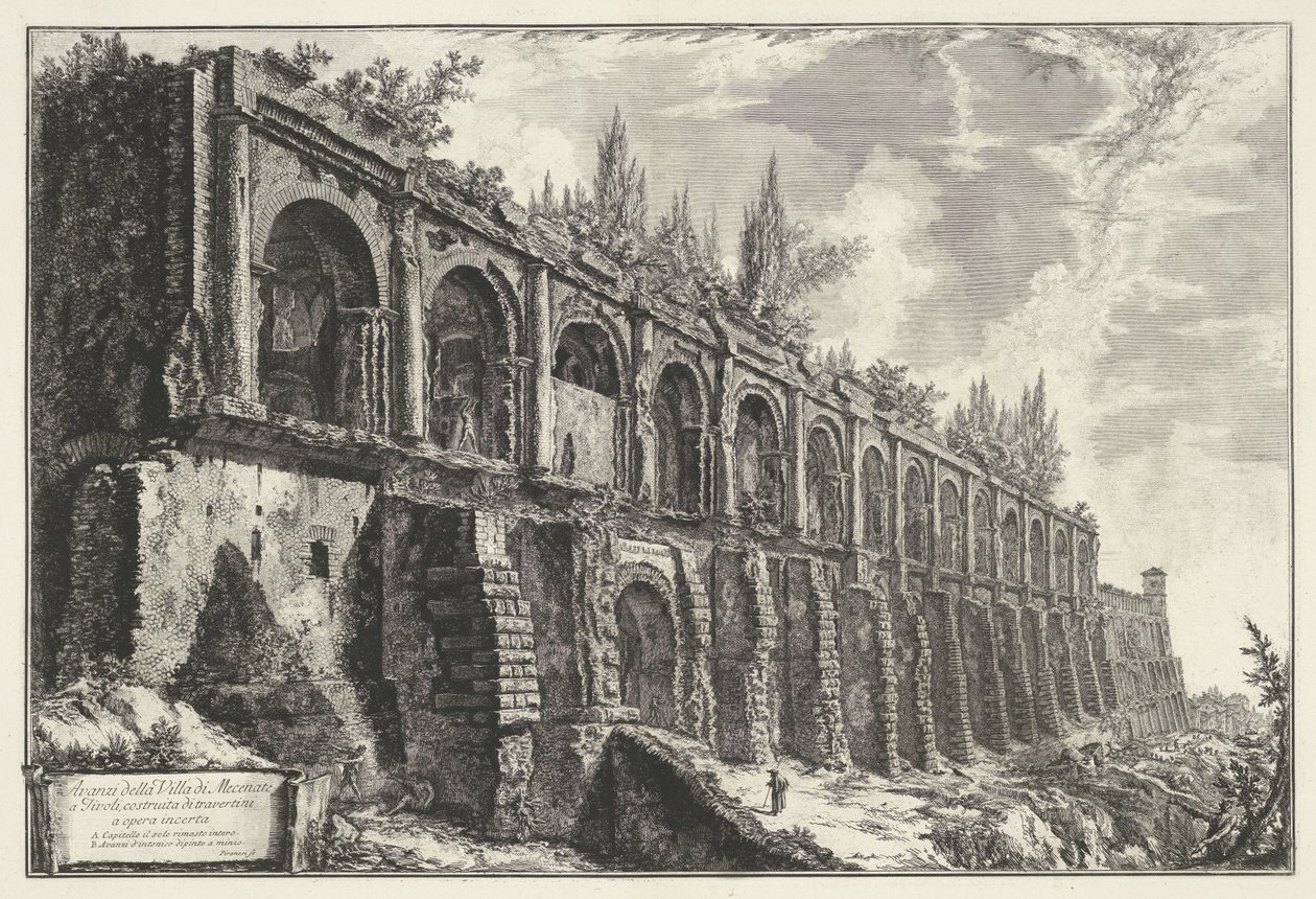 Tempel van Hercules Victor t ja Tivoli Tivolissa sijaitsevan Villa di Mecenaten jäänteet, rakennettu epävarman työn travertineistä (nimi esineessä) Gezichten op Rome (sarjan nimi) Näkymät Roomaan suunnitellut ja kaivertanut Giambattista Piranesi arkkitehti tekijältä Giovanni Battista Piranesi