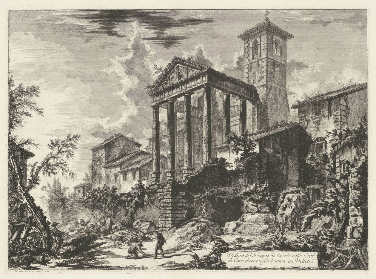 Tempel van Hercules te Cori Näkymä Herkuleen temppelille Coran kaupungissa, kymmenen mailin päässä Velletristä (otsikko esineessä) Gezichten op Rome (sarjan nimi) Näkymät Roomaan suunnitellut ja kaivertanut Giambattista Piranesi arkkitehti Ve (nez) iano (s tekijältä Giovanni Battista Piranesi