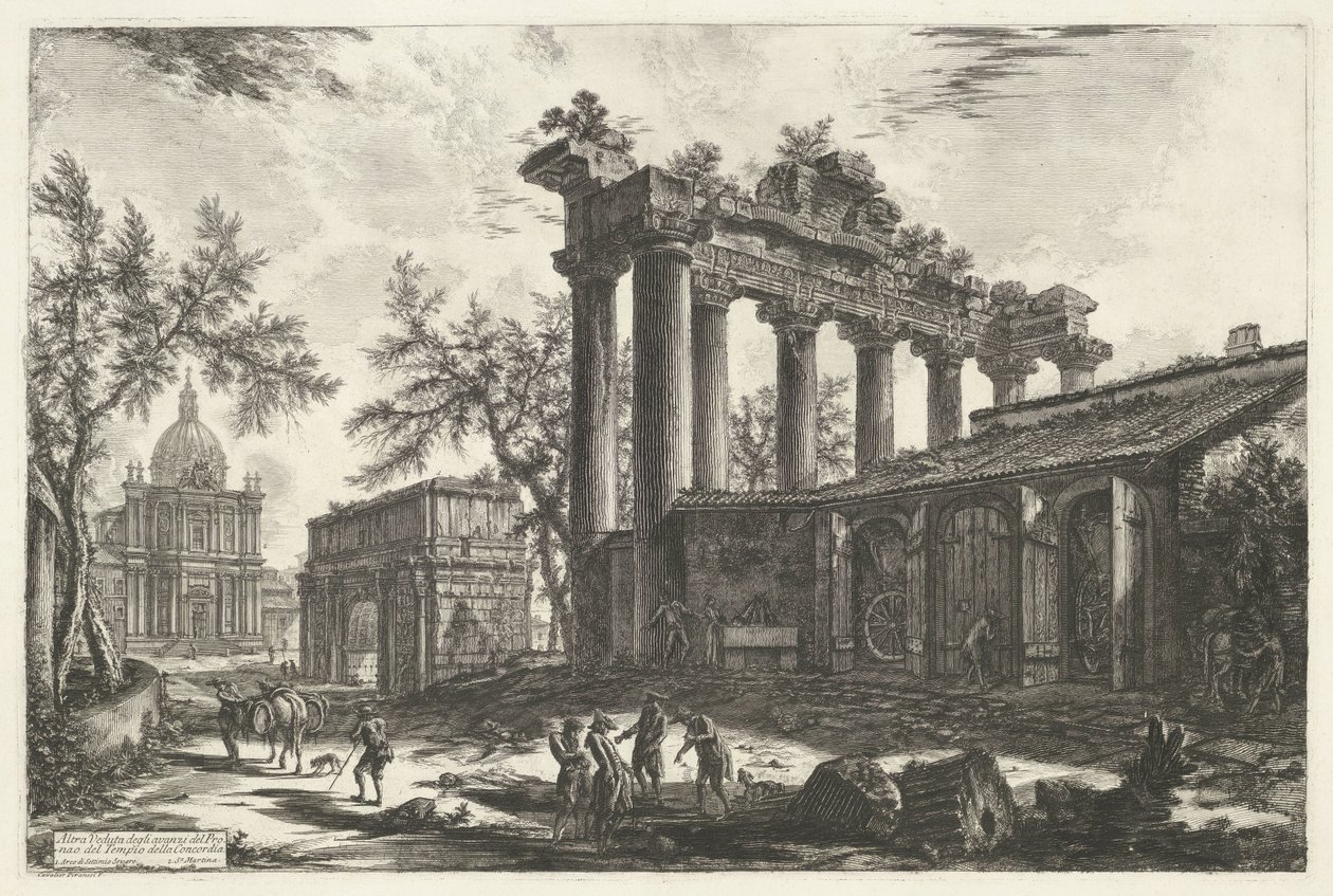 Rooman Saturnuksen temppeli Toinen näkymä Concordian temppelin Pronaoksen jäännöksistä (otsikko esineessä) Gezichten op Rome (sarjan nimi) Näkymät Roomaan suunnitellut ja kaivertanut Giambattista Piranesi arkkitehti Ve (nez) iano (sarjan nimi) tekijältä Giovanni Battista Piranesi
