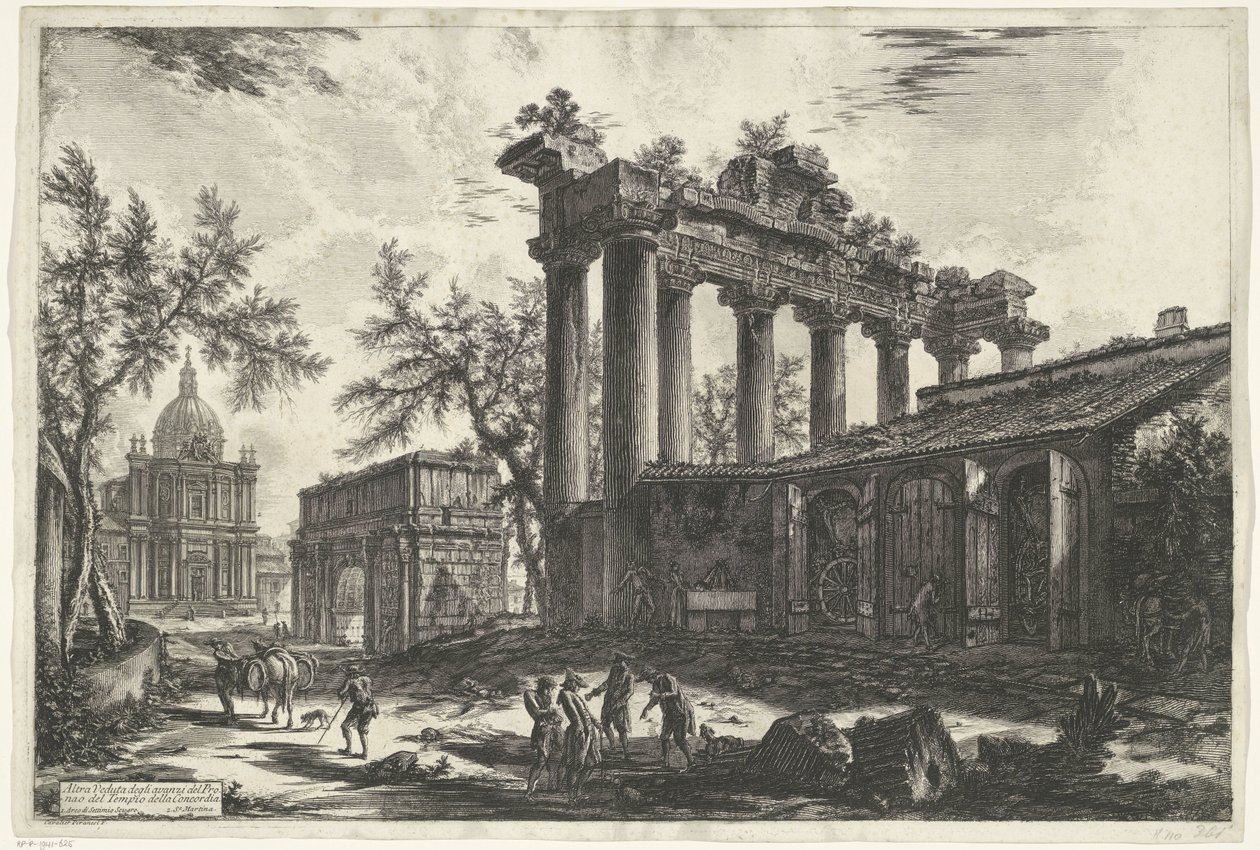Rooman Saturnuksen temppeli Toinen näkymä Concordian temppelin Pronaoksen jäännöksistä (otsikko esineessä) Gezichten op Rome (sarjan nimi) Näkymät Roomaan suunnitellut ja kaivertanut Giambattista Piranesi arkkitehti Ve (nez) iano (sarjan nimi) tekijältä Giovanni Battista Piranesi