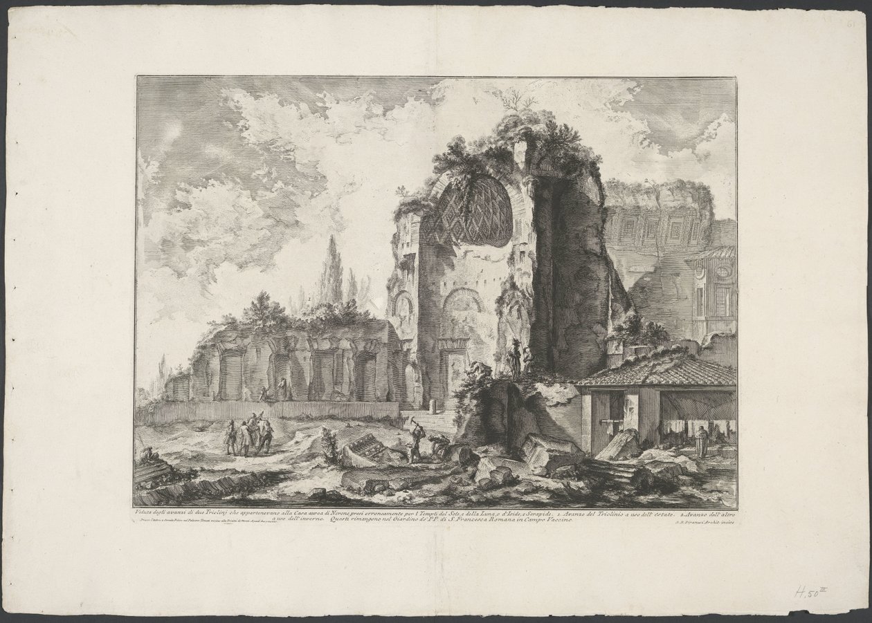Tempel van Venus en Roma te Rome Näkymä kahden Triclinin jäännöksistä, jotka kuuluivat Neron kultaiseen taloon (...) (otsikko esineessä) Gezichten op Rome (sarjan nimi) Näkymät Roomaan suunnitellut ja kaivertanut Giambattista Piranesi arkkitehti Ve (nez) i tekijältä Giovanni Battista Piranesi