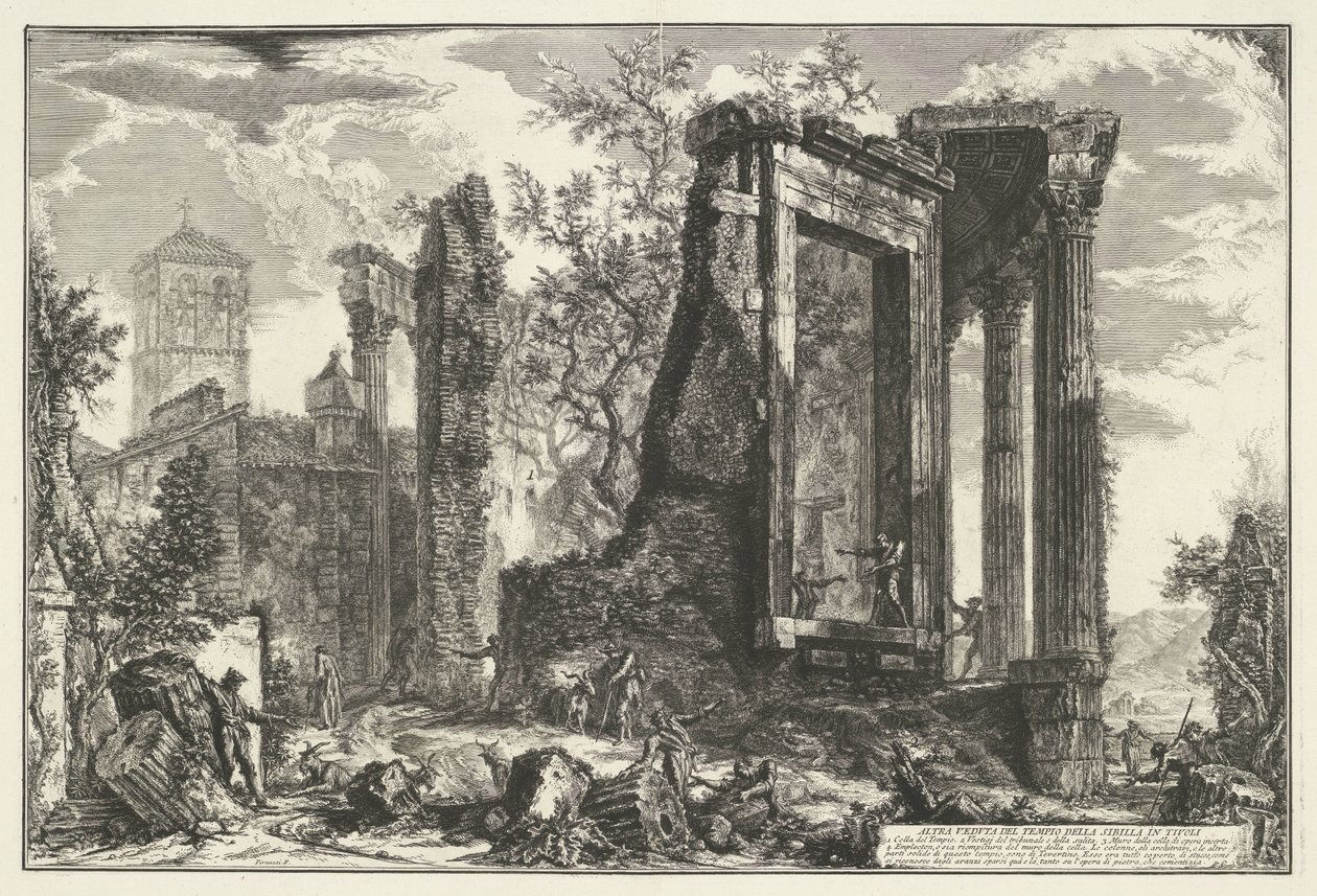 Tempel van Vesta en de Tempel van de Tiburtijnse Sibille Tivolissa Toinen näkymä Sibylan temppelistä Tivolissa (otsikko esineessä) Gezichten op Rome (sarjan nimi) Näkymät Roomaan suunnitellut ja kaivertanut Giambattista Piranesi arkkitehti Ve (nez) iano (s tekijältä Giovanni Battista Piranesi