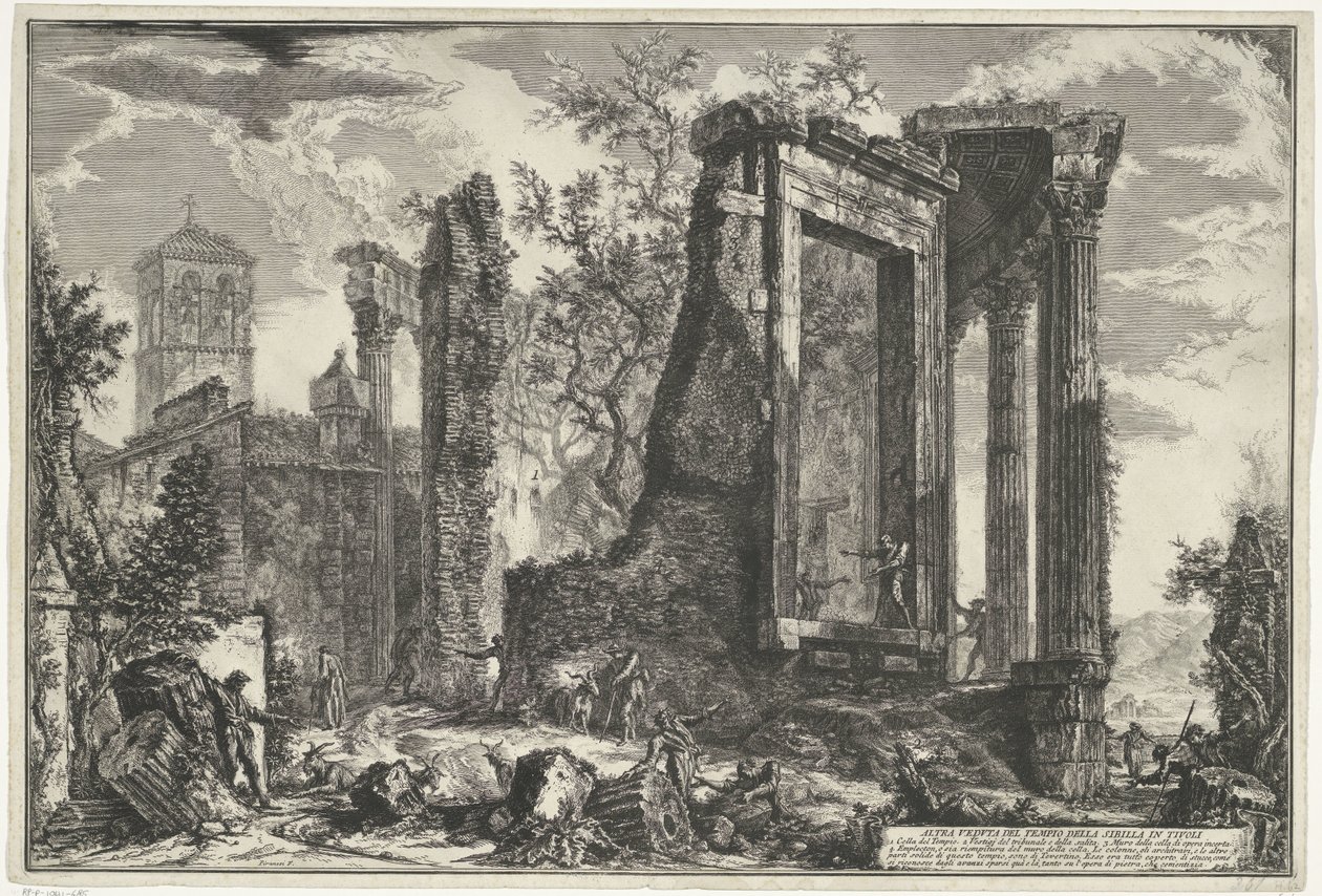Tempel van Vesta en de Tempel van de Tiburtijnse Sibille Tivolissa Toinen näkymä Sibylan temppelistä Tivolissa (otsikko esineessä) Gezichten op Rome (sarjan nimi) Näkymät Roomaan suunnitellut ja kaivertanut Giambattista Piranesi arkkitehti Ve (nez) iano (s tekijältä Giovanni Battista Piranesi