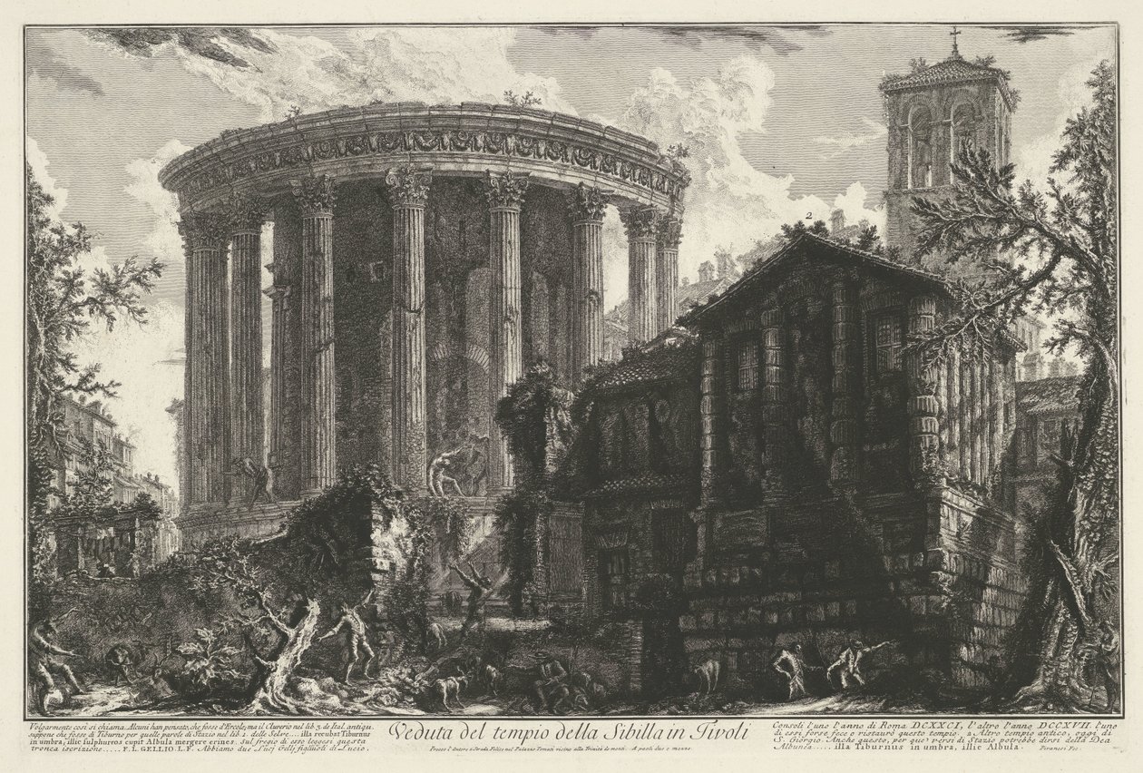 Tempel van Vesta en de Tempel van de Tiburtijnse Sibille Tivolissa Näkymä Sibylin temppelistä Tivolissa (otsikko esineessä) Gezichten op Rome (sarjan nimi) Näkymät Roomaan suunnitellut ja kaivertanut Giambattista Piranesi arkkitehti Ve (nez) iano (sarja ti tekijältä Giovanni Battista Piranesi