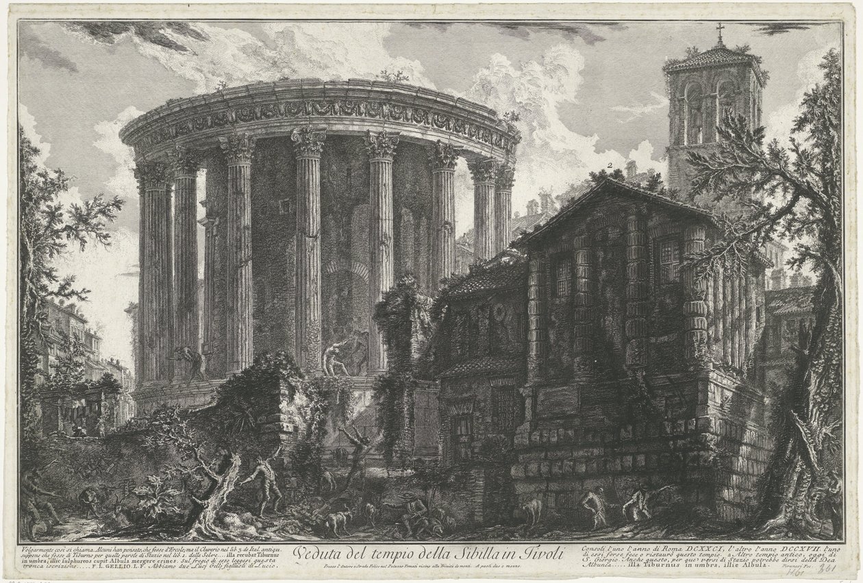 Tempel van Vesta en de Tempel van de Tiburtijnse Sibille Tivolissa Näkymä Sibylin temppelistä Tivolissa (otsikko esineessä) Gezichten op Rome (sarjan nimi) Näkymät Roomaan suunnitellut ja kaivertanut Giambattista Piranesi arkkitehti Ve (nez) iano (sarja ti tekijältä Giovanni Battista Piranesi
