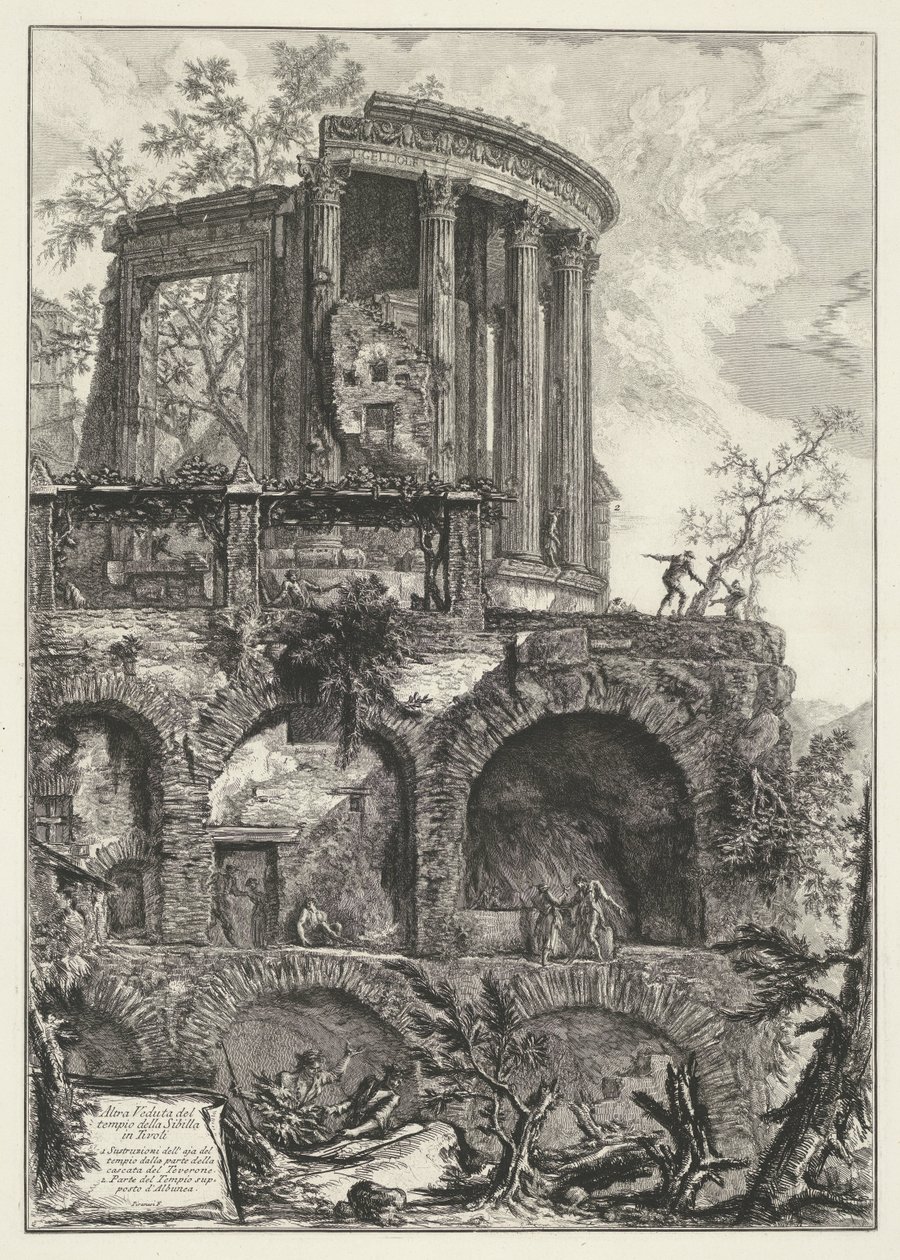 Tempel van Vesta te Tivoli Toinen näkymä Sibylin temppelistä Tivolissa (otsikko esineessä) Gezichten op Rome (sarjan nimi) Näkymät Roomaan suunnitellut ja kaivertanut Giambattista Piranesi arkkitehti Ve (nez) iano (sarjan nimi) tekijältä Giovanni Battista Piranesi