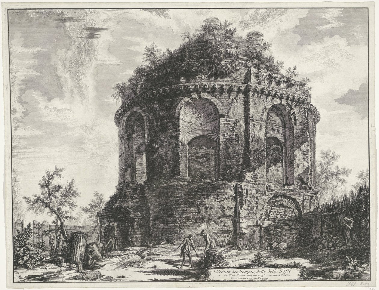 Yskän temppeli Tivolissa Näkymä temppelille, nimeltään della Tosse, Via Tiburtina -kadulla, 1,6 km lähellä Tivolia (otsikko esineessä) Gezichten op Rome (sarjan nimi) Näkymät Roomaan suunnitellut ja kaivertanut Giambattista Piranesi arkkitehti Ve (nez) ian tekijältä Giovanni Battista Piranesi