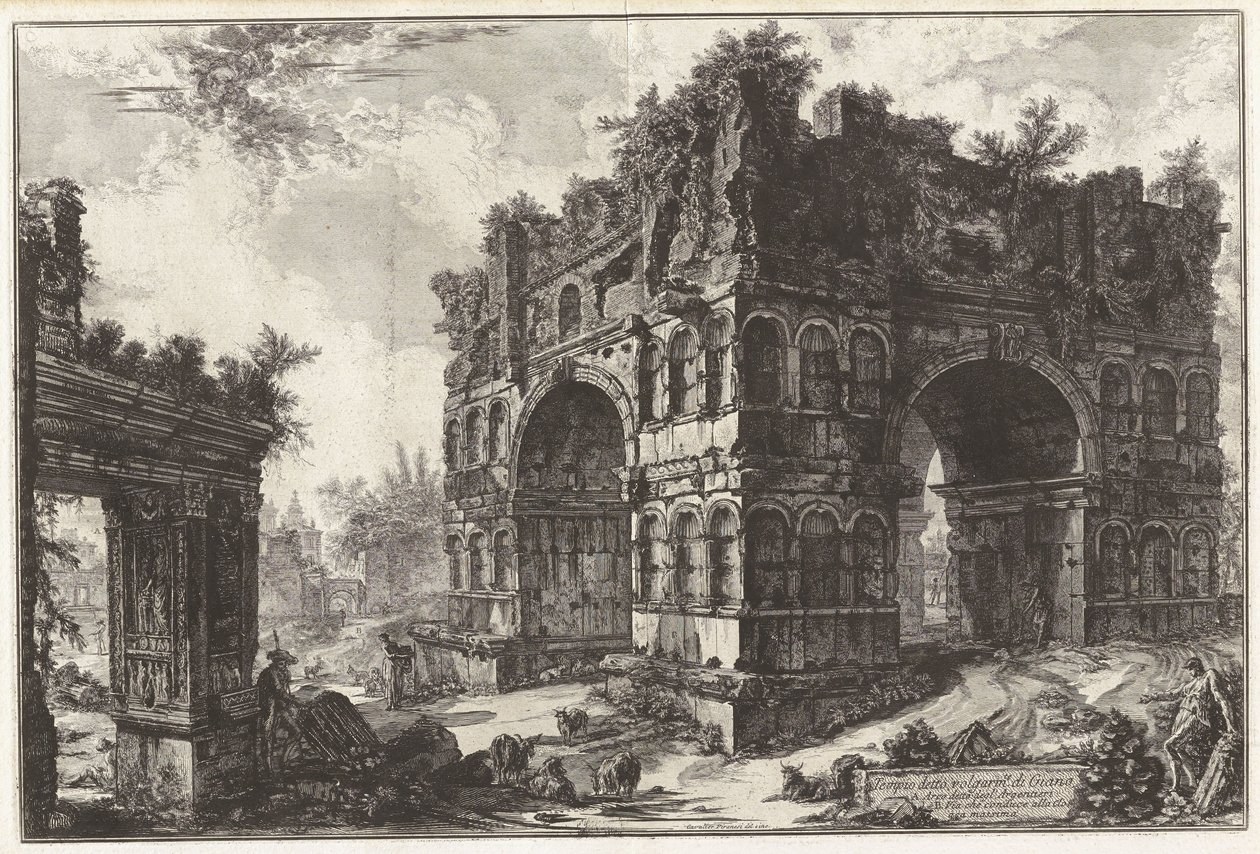 Niin kutsuttu Januksen temppeli. A. Niin kutsuttu Argentariusten eli rahanvaihtajien riemukaari, sarjasta "Näkymiä Roomasta" tekijältä Giovanni Battista Piranesi