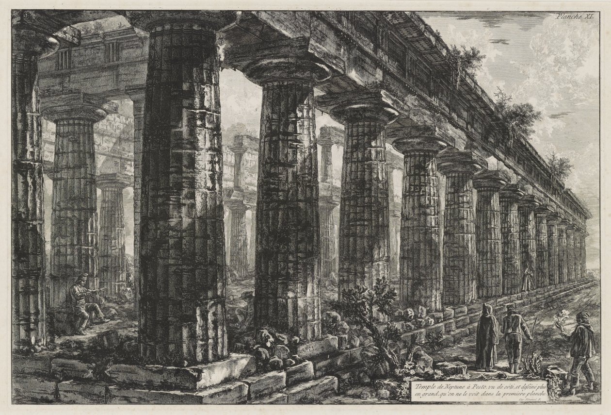 Neptunuksen temppeli Paestumissa sivulta nähtynä ja suuremmassa mittakaavassa piirrettynä kuin ensimmäisessä laatassa, teoksesta Différentes vues de . . . Pesto tekijältä Giovanni Battista Piranesi
