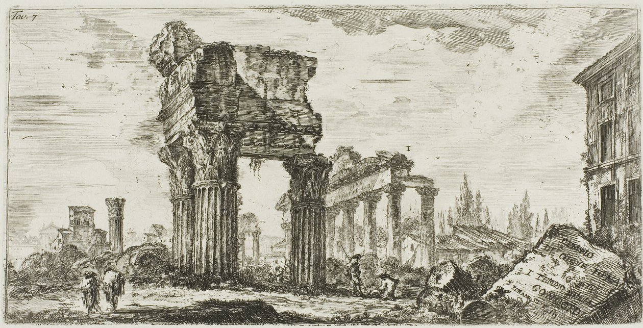 Jupiter Tonansin temppeli [Jupiter the Thunderer]. 1. Concordin temppeli, levy 7 joistakin riemukaarien ja muiden monumenttien näkymistä tekijältä Giovanni Battista Piranesi