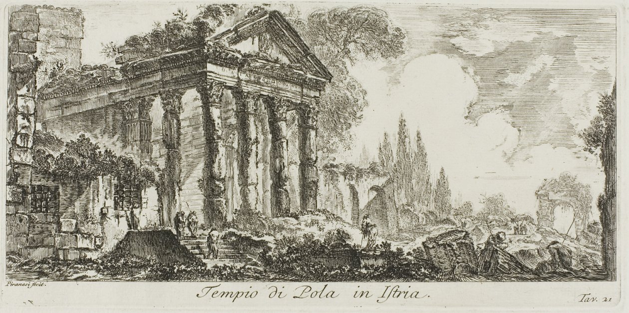 Polan temppeli Istriassa, levy 21 joistakin näkymistä riemukaarille ja muille monumenteille tekijältä Giovanni Battista Piranesi