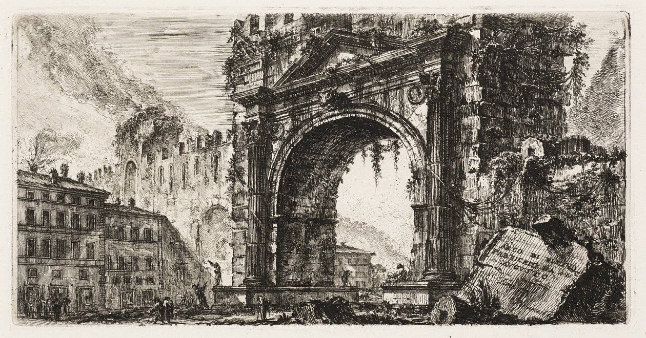 Augustuksen rakentama Riminin kaari, levy 17 Riemukaarien näkymistä ja muista monumenteista tekijältä Giovanni Battista Piranesi