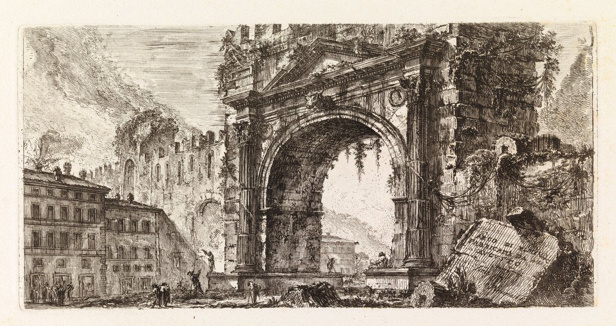 Augustuksen riemukaari Riminissä, sarjasta "Eräitä näkymiä riemukaarista ja muista muistomerkeistä" tekijältä Giovanni Battista Piranesi