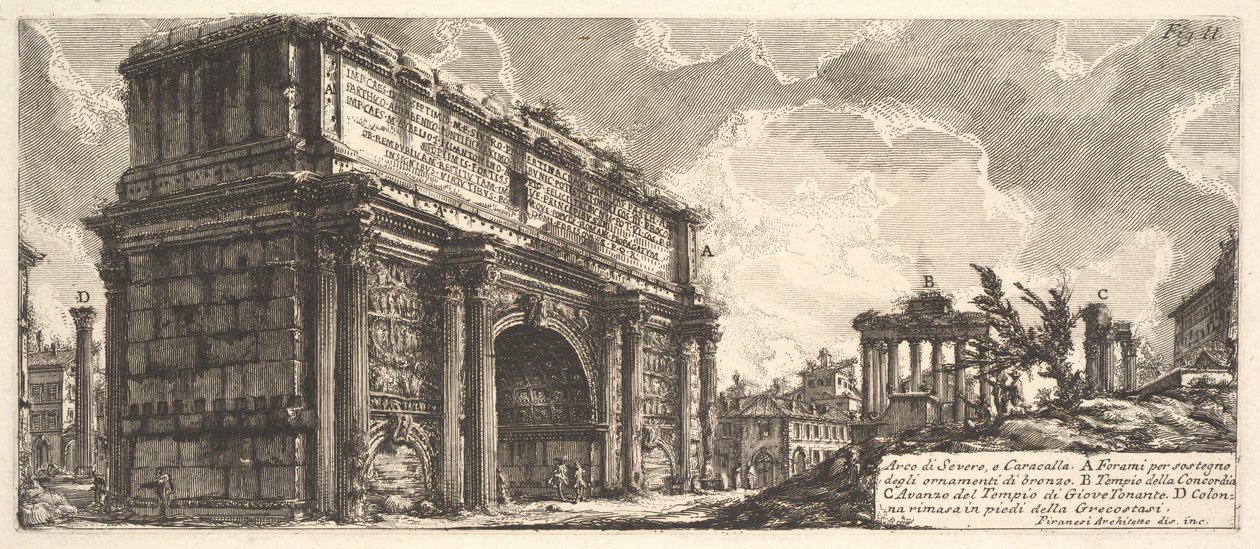 Septimius Severuksen kaari Arco di Severo, Caracallasta, n. 1756 tekijältä Giovanni Battista Piranesi
