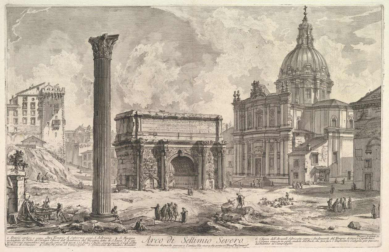 Septimius Severuksen riemukaari ja Santa Martinan kirkko oikealla (Septimius Severuksen riemukaari), teoksesta "Vedute di Roma" tekijältä Giovanni Battista Piranesi