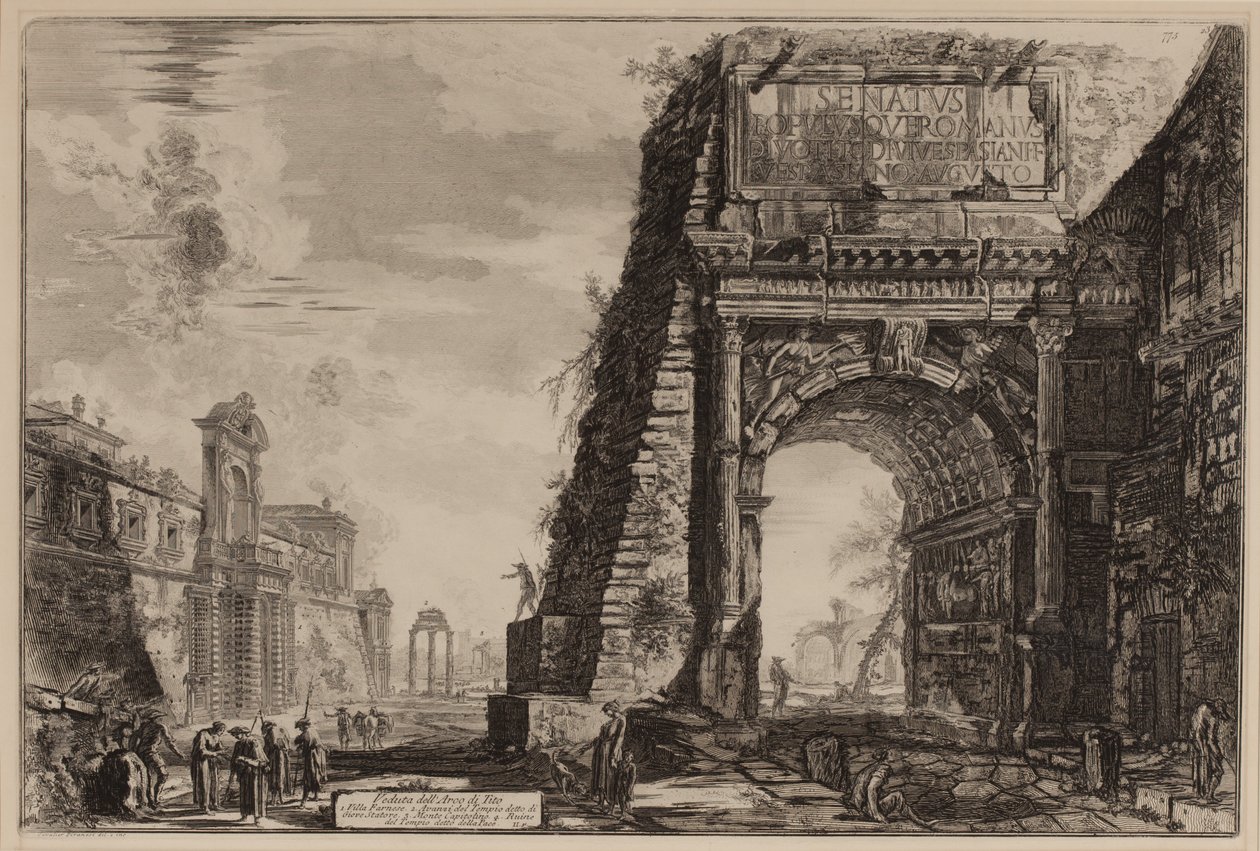 Tituksen kaari ja Casino Farnese vasemmalla, n. 1760-78 (etsaus) tekijältä Giovanni Battista Piranesi