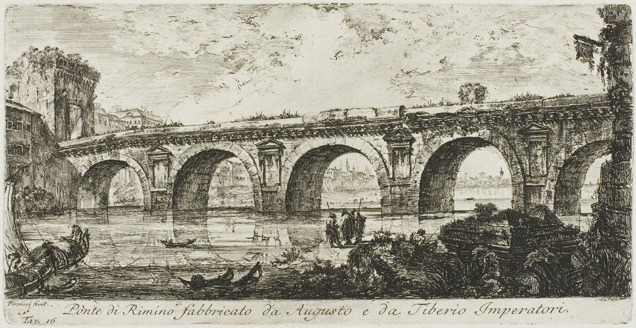 Keisarien Augustuksen ja Tiberiuksen rakentama silta Riminissä, levy 16 Joiltain Riemukaariin ja muihin monumentteihin tekijältä Giovanni Battista Piranesi