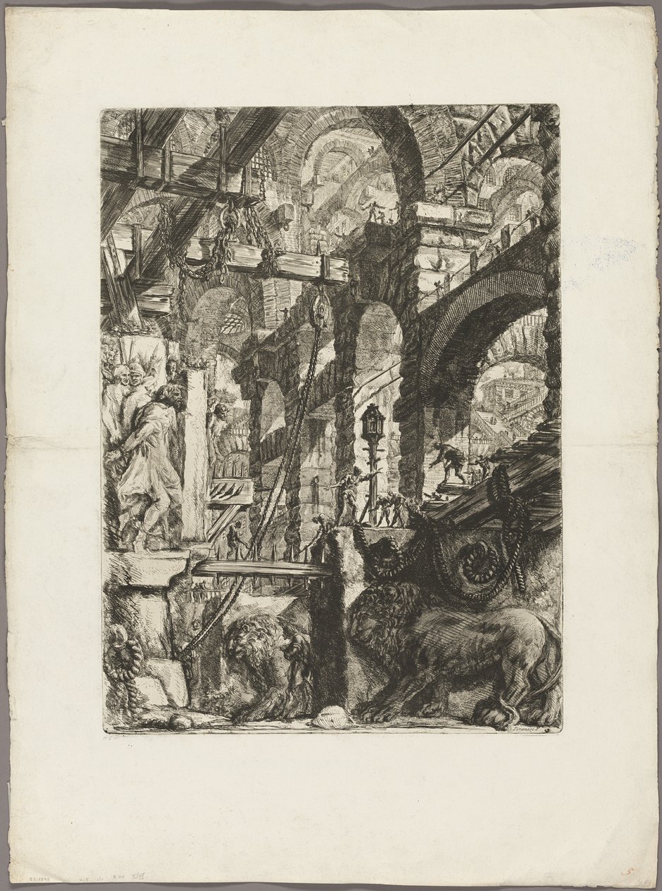 Leijonan bas-reliefit, levy 5 Imaginary Prisonsista tekijältä Giovanni Battista Piranesi