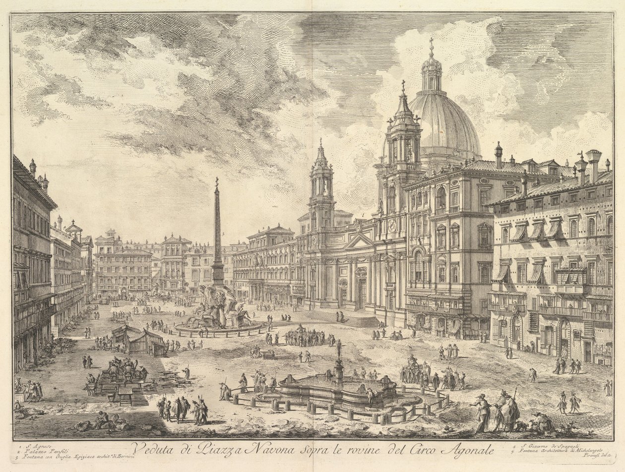Rooman Piazza Navona Domitianuksen sirkuksen raunioiden yläpuolella, oikealla Sant