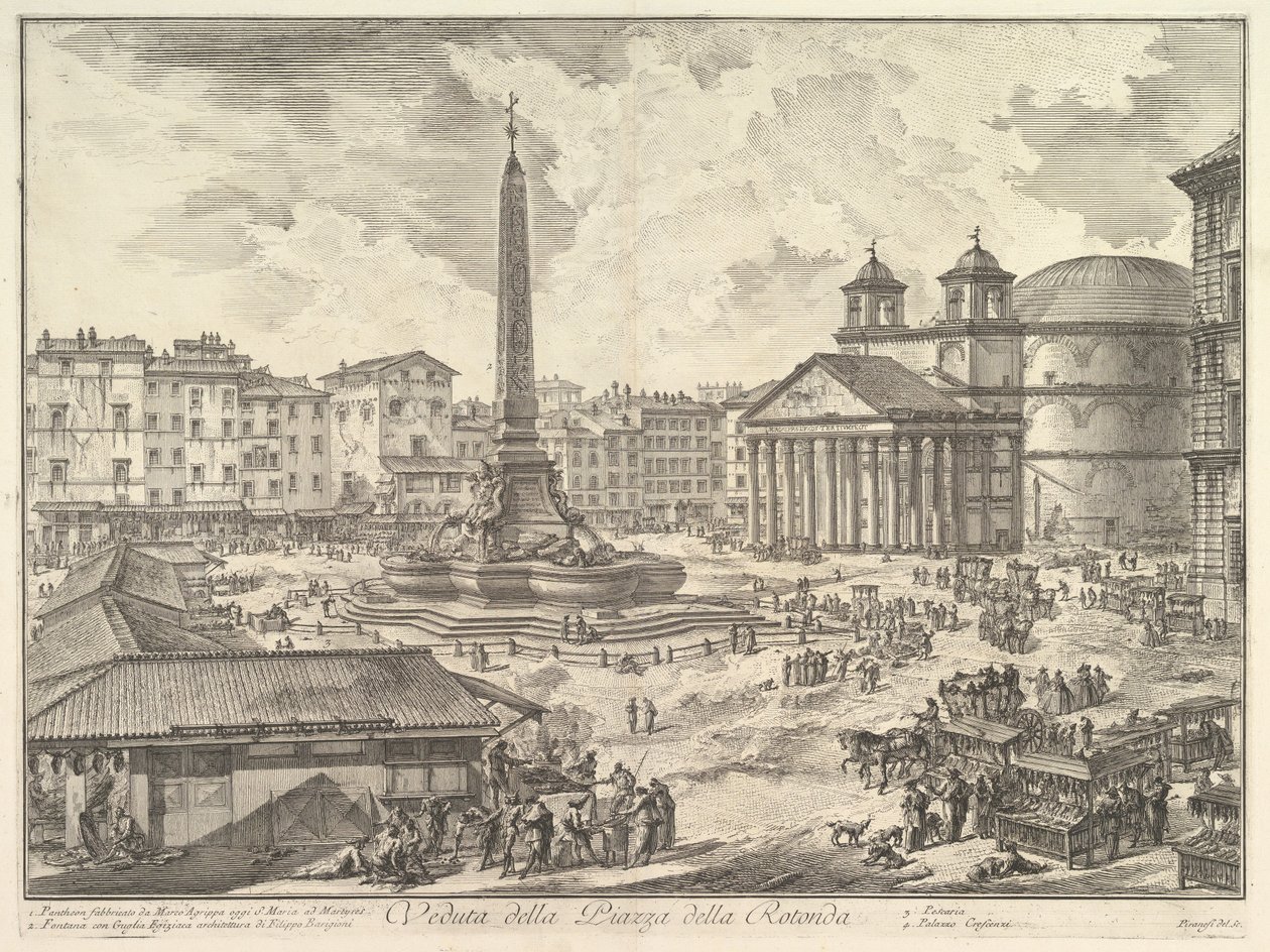 Piazza della Rotonda, Pantheon ja obeliski (Veduta della Piazza della Rotonda), teoksesta "Vedute di Roma" tekijältä Giovanni Battista Piranesi