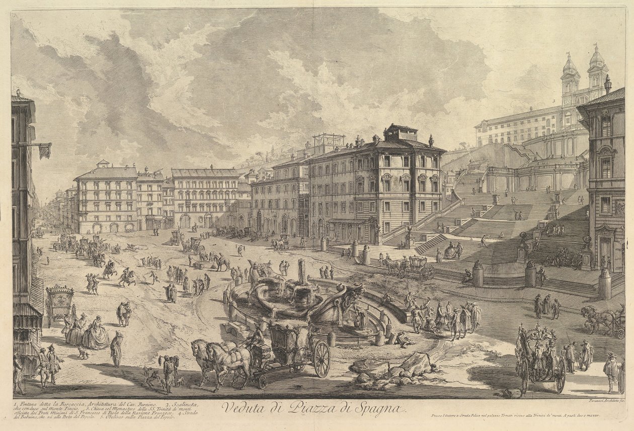 Espanjalaiset portaat Näkymä Espanjalaisille portaille, n. 1750. tekijältä Giovanni Battista Piranesi
