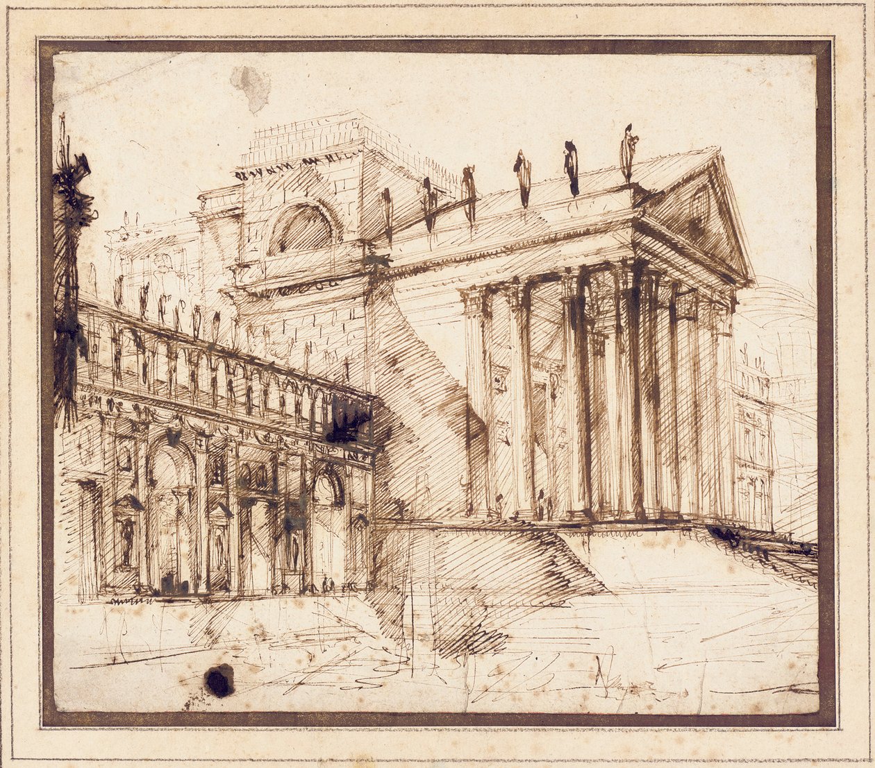 Hienostuneen uusklassisen rakennuksen portico ja julkisivu tekijältä Giovanni Battista Piranesi