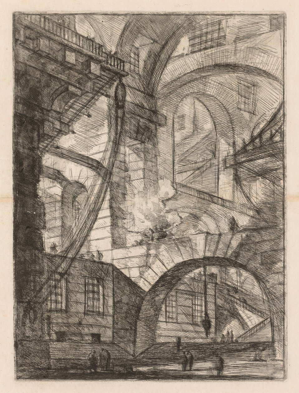 Vankilat: Perspektiivi kaarista, joissa on savuava tuli tekijältä Giovanni Battista Piranesi