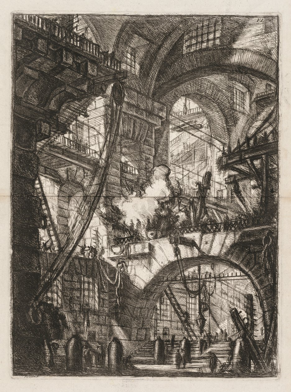 Vankilat: Perspektiivi kaarista, joiden keskellä on savuava tuli tekijältä Giovanni Battista Piranesi