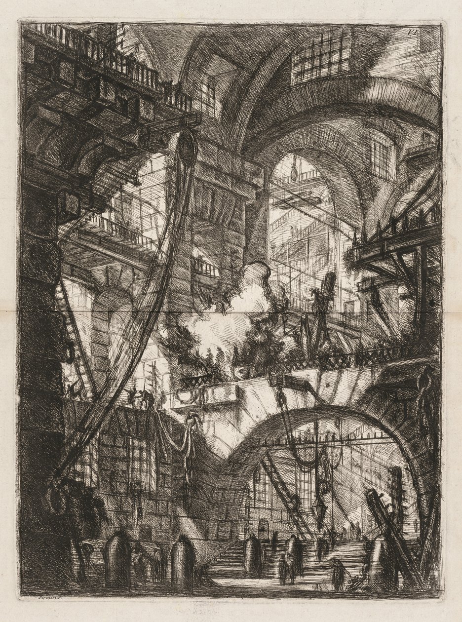 Vankilat: Perspektiivi kaarista, joiden keskellä on savuava tuli. tekijältä Giovanni Battista Piranesi