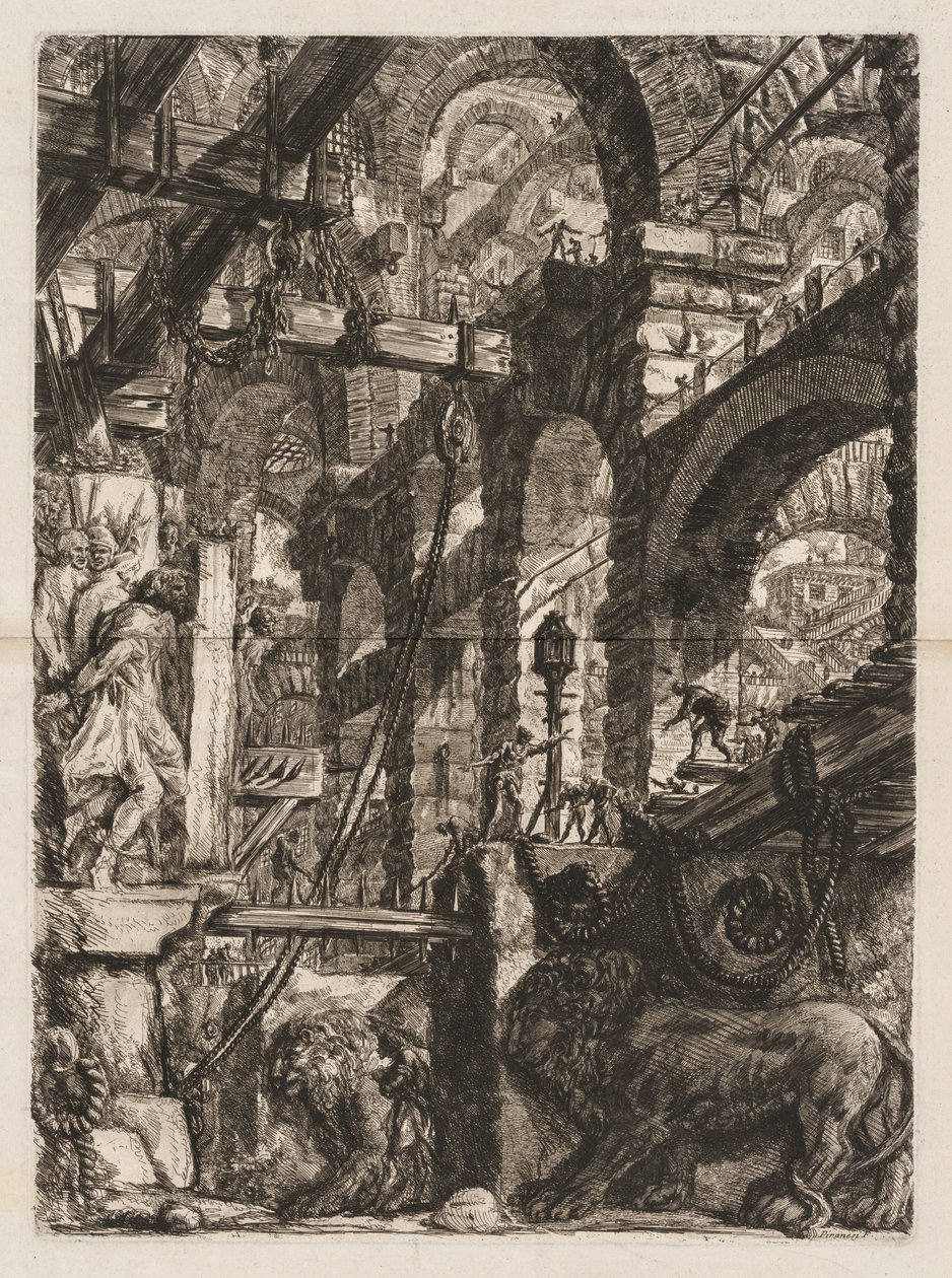 Vankilat: Perspektiivi roomalaisista kaareista, joissa kaksi leijonaa on veistetty helpotukseen..., 1745-50. tekijältä Giovanni Battista Piranesi
