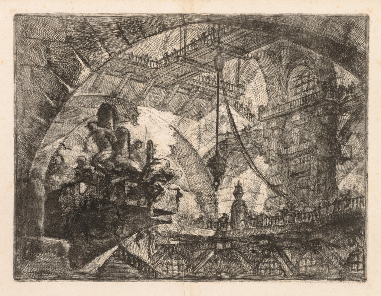 Vankilat: Laaja galleria, jossa on ryhmä vankeja tekijältä Giovanni Battista Piranesi