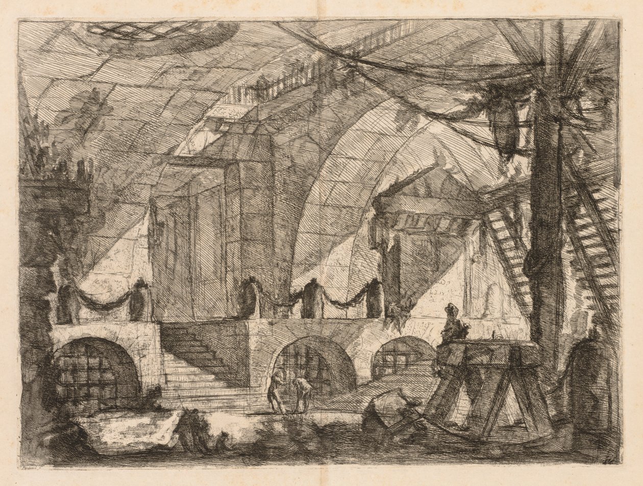 Vankilat: Kaareva kammio pylväillä ja ketjuilla, 1745-1750. tekijältä Giovanni Battista Piranesi