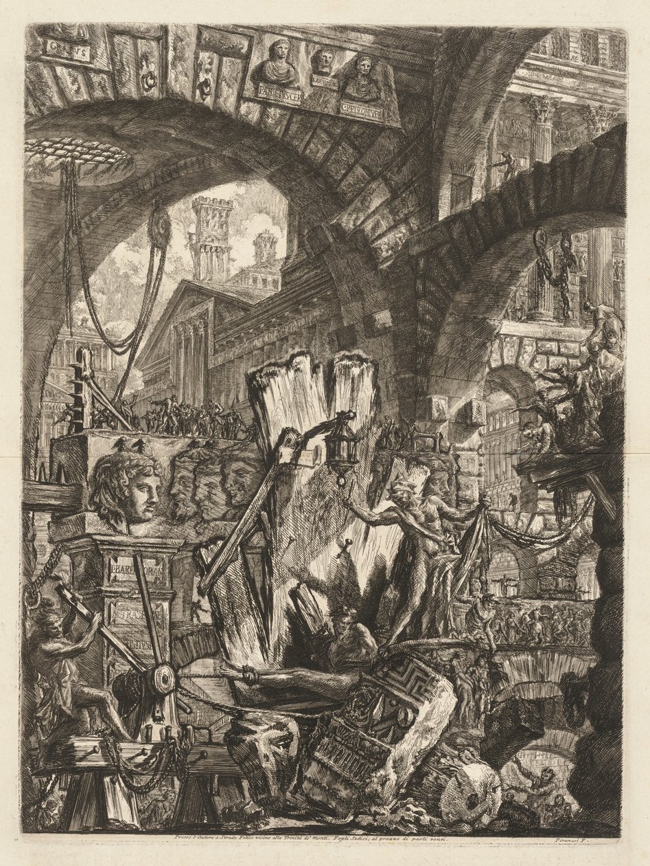 Vankilat: Arkkitehtoninen medly, jossa mies kalliolla etualalla, 1745-50. tekijältä Giovanni Battista Piranesi