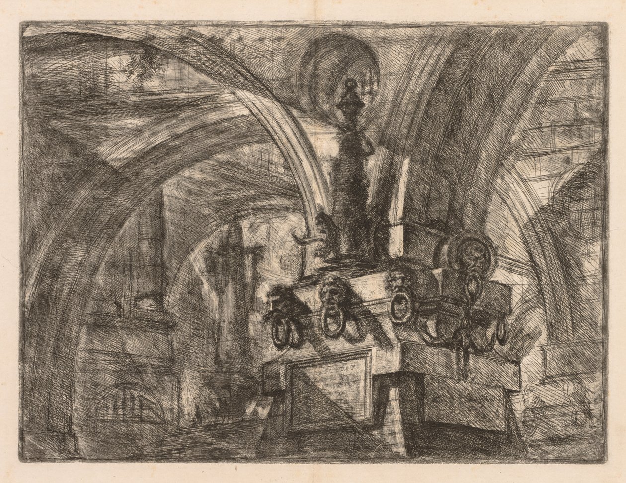 Vankilat: Neliömäisestä pylväästä kumpuavat pyöreät kaaret tekijältä Giovanni Battista Piranesi
