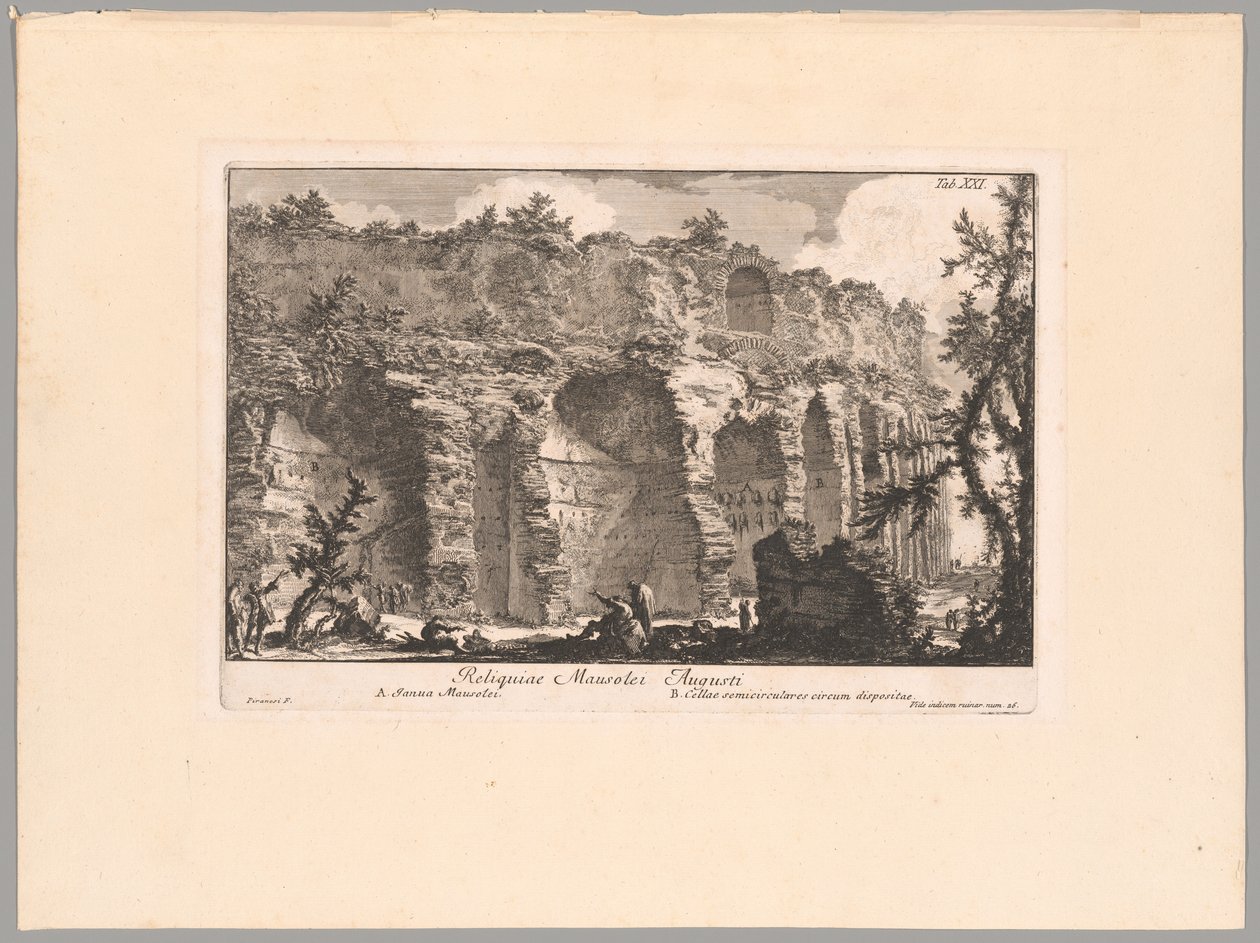 Augustuksen mausoleumin jäännökset, levy XXI teoksesta The Campus Martius of Ancient Rome (Antiikin Rooman kampus) tekijältä Giovanni Battista Piranesi