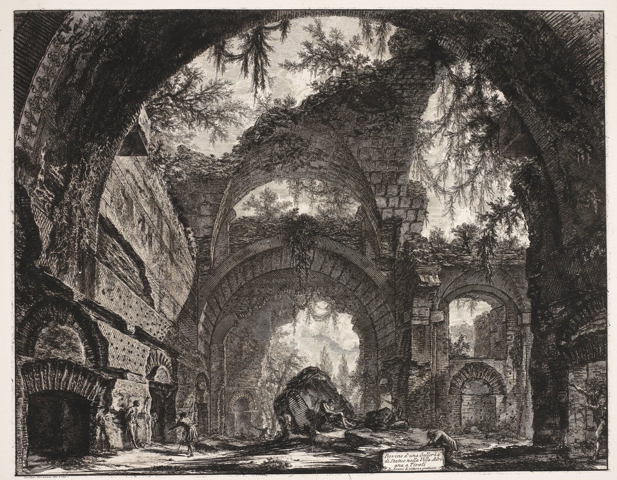 Thermen de Villa Adriana t ja Tivoli Patsasgallerian rauniot Hadrianuksen huvilassa Tivolissa (nimi esineessä) Gezichten op Rome (sarjan nimi) Näkymät Roomaan suunnitellut ja kaivertanut Giambattista Piranesi arkkitehti Ve (nez) iano (sarjan nimi) tekijältä Giovanni Battista Piranesi