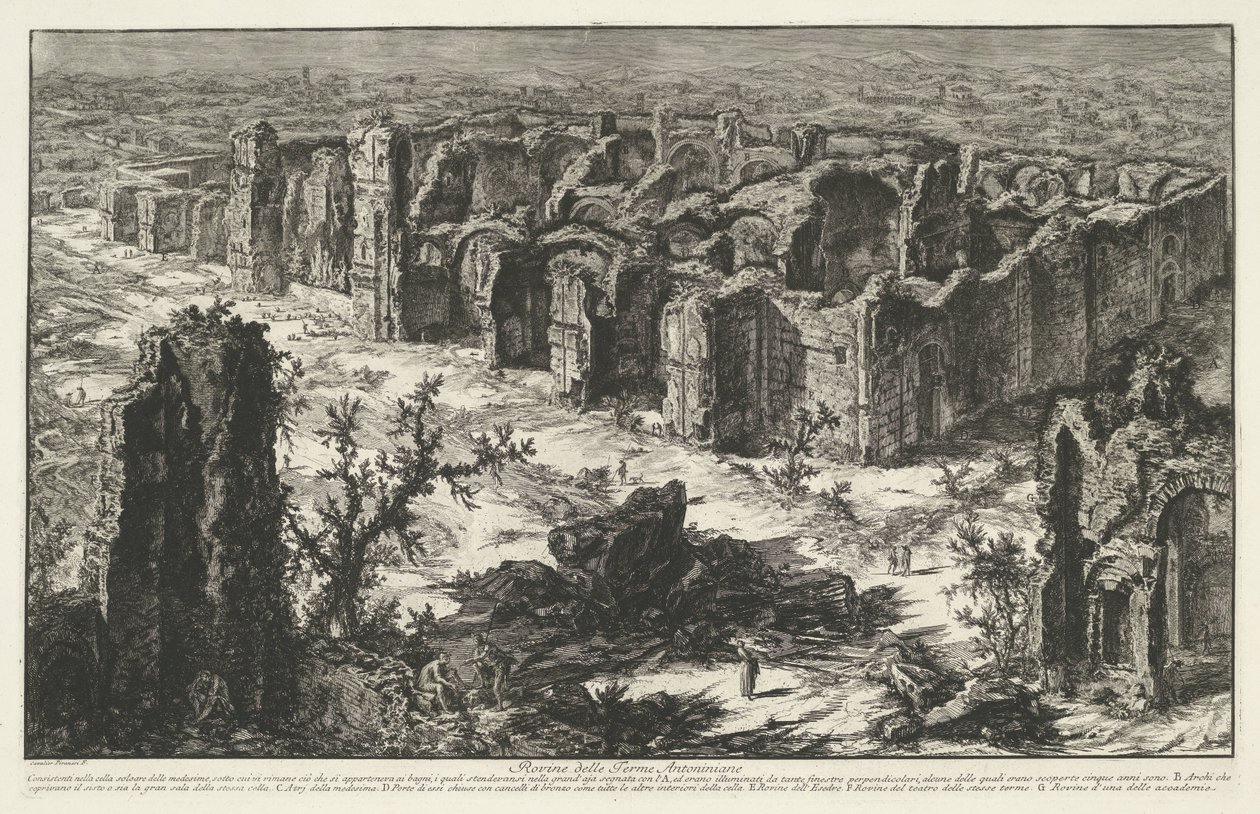 Thermen van Caracalla te Rooma Antoninian kylpylän rauniot (otsikko esineessä) Gezichten op Rome (sarjan nimi) Näkymät Roomaan suunnitellut ja kaivertanut Giambattista Piranesi arkkitehti Ve (nez) iano (sarjan nimi) tekijältä Giovanni Battista Piranesi
