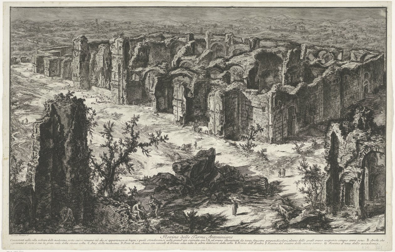 Thermen van Caracalla te Rooma Antoninian kylpylän rauniot (otsikko esineessä) Gezichten op Rome (sarjan nimi) Näkymät Roomaan suunnitellut ja kaivertanut Giambattista Piranesi arkkitehti Ve (nez) iano (sarjan nimi) tekijältä Giovanni Battista Piranesi