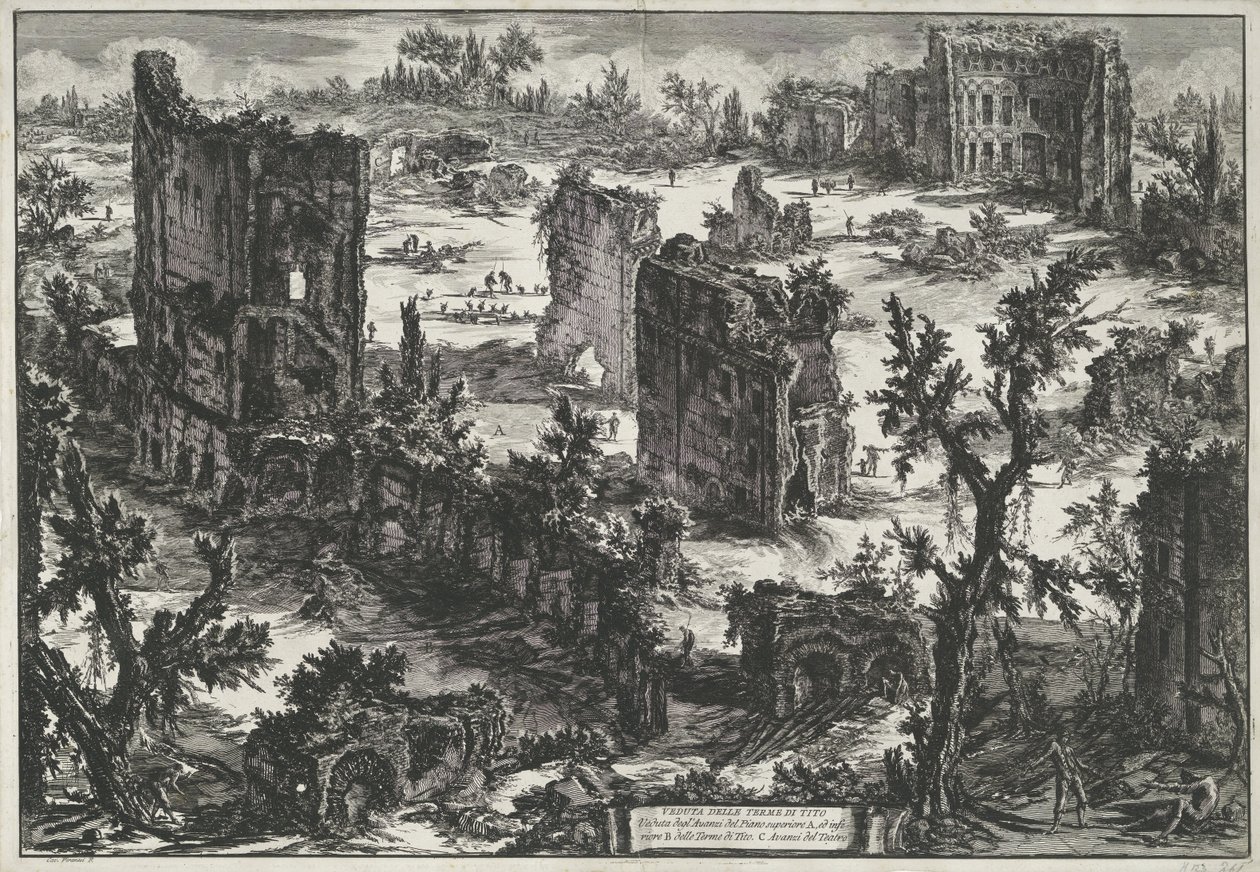 Thermen van Trajanus te Rooma Näkymä Tiaisten kylpylöistä (...) (otsikko esineessä) Gezichten op Rome (sarjan nimi) Näkymät Roomaan suunnitellut ja kaivertanut Giambattista Piranesi arkkitehti Ve (nez) iano (sarjan nimi) tekijältä Giovanni Battista Piranesi