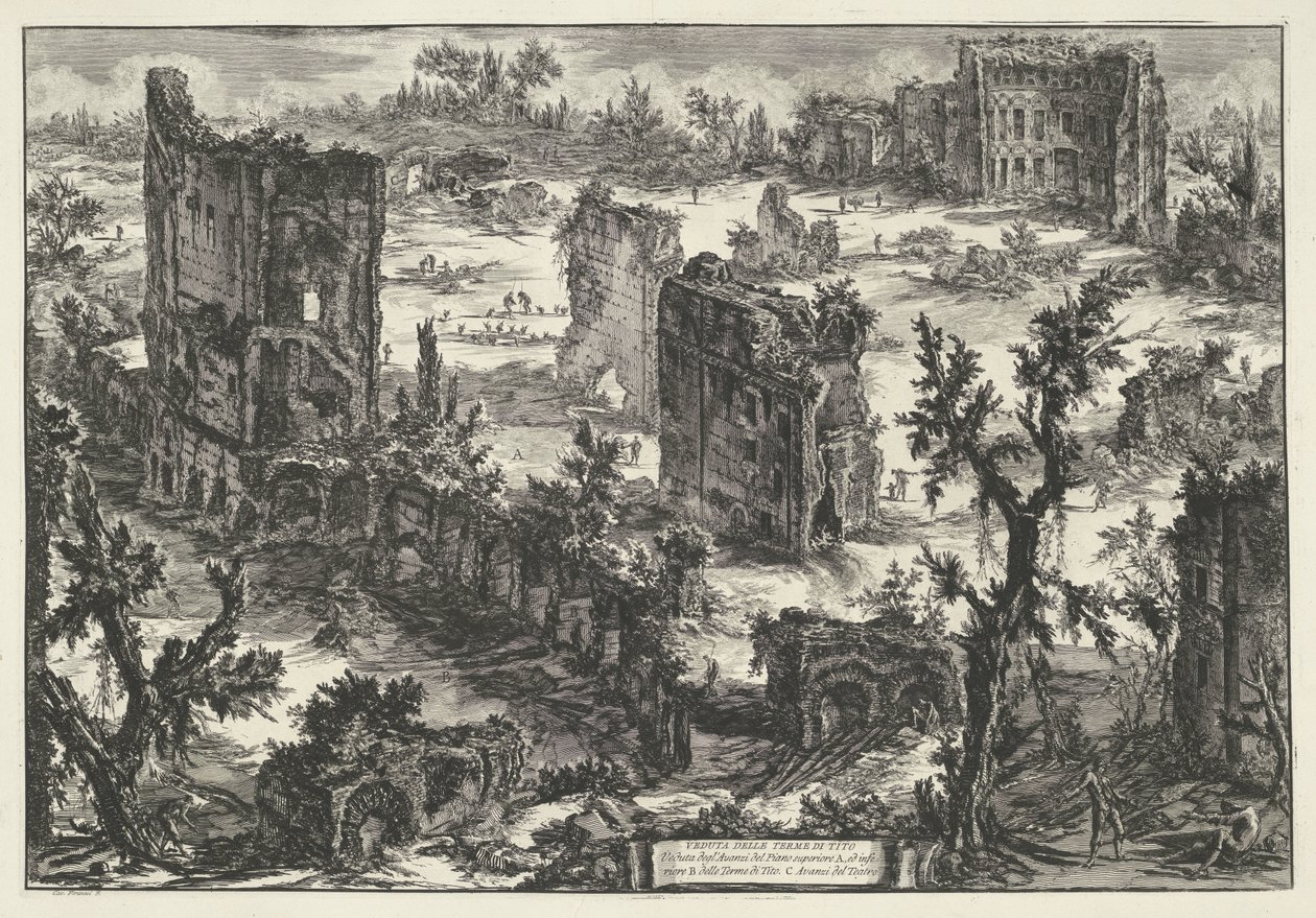 Thermen van Trajanus te Rooma Näkymä Terme di Titolle (...) (otsikko esineessä) Gezichten op Rome (sarjan nimi) Näkymät Roomaan suunnitellut ja kaivertanut Giambattista Piranesi arkkitehti Ve (nez) iano (sarjan nimi) tekijältä Giovanni Battista Piranesi