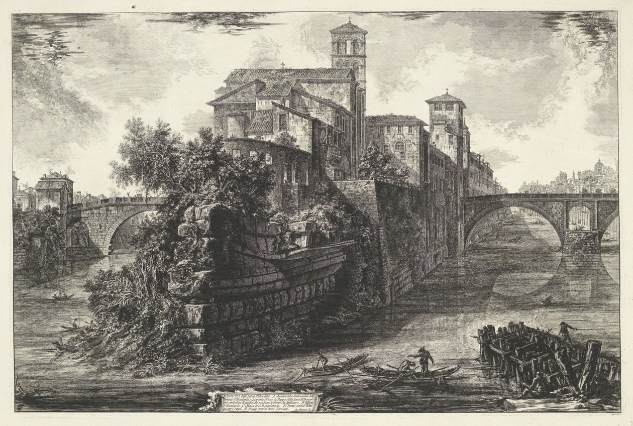 Tibereiland Roomassa Näkymä Tiber-saarelle (otsikko esineessä) Gezichten op Rome (sarjan nimi) Näkymät Roomaan suunnitellut ja kaivertanut Giambattista Piranesi arkkitehti Ve (nez) iano (sarjan nimi) tekijältä Giovanni Battista Piranesi