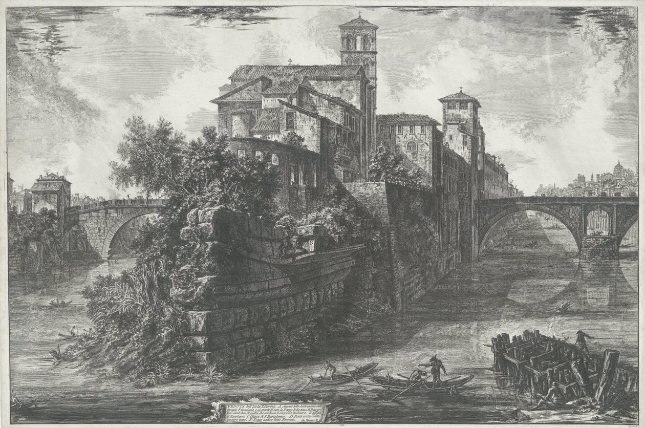 Tibereiland Roomassa Näkymä Tiber-saarelle (otsikko esineessä) Gezichten op Rome (sarjan nimi) Näkymät Roomaan suunnitellut ja kaivertanut Giambattista Piranesi arkkitehti Ve (nez) iano (sarjan nimi) tekijältä Giovanni Battista Piranesi