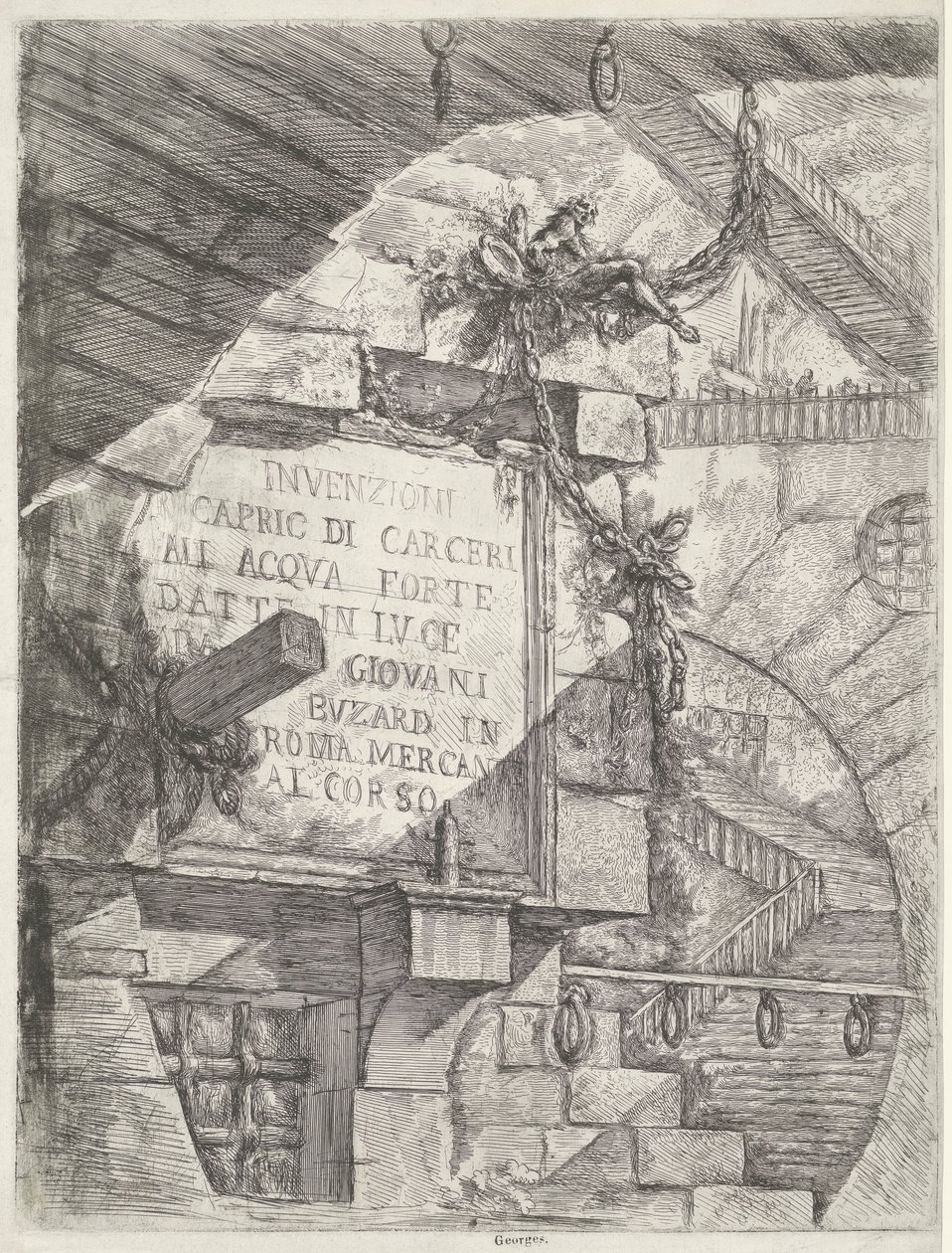 Otsikkoprintti kasvot vankityrmässä ja otsikko seinällä Dungeons (sarjan nimi) Invenzioni Capric di Carceri all Acqua Forte (sarjan nimi esineessä) tekijältä Giovanni Battista Piranesi