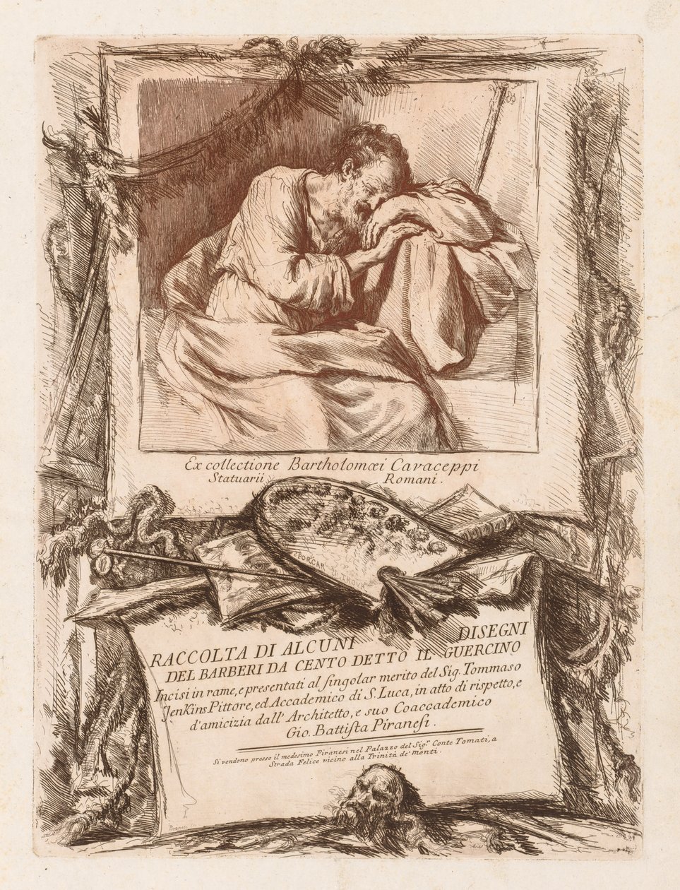 Joidenkin Barberin piirustusten kokoelman otsikkosivu Cento Ietto il Gerucinosta, 1764. tekijältä Giovanni Battista Piranesi