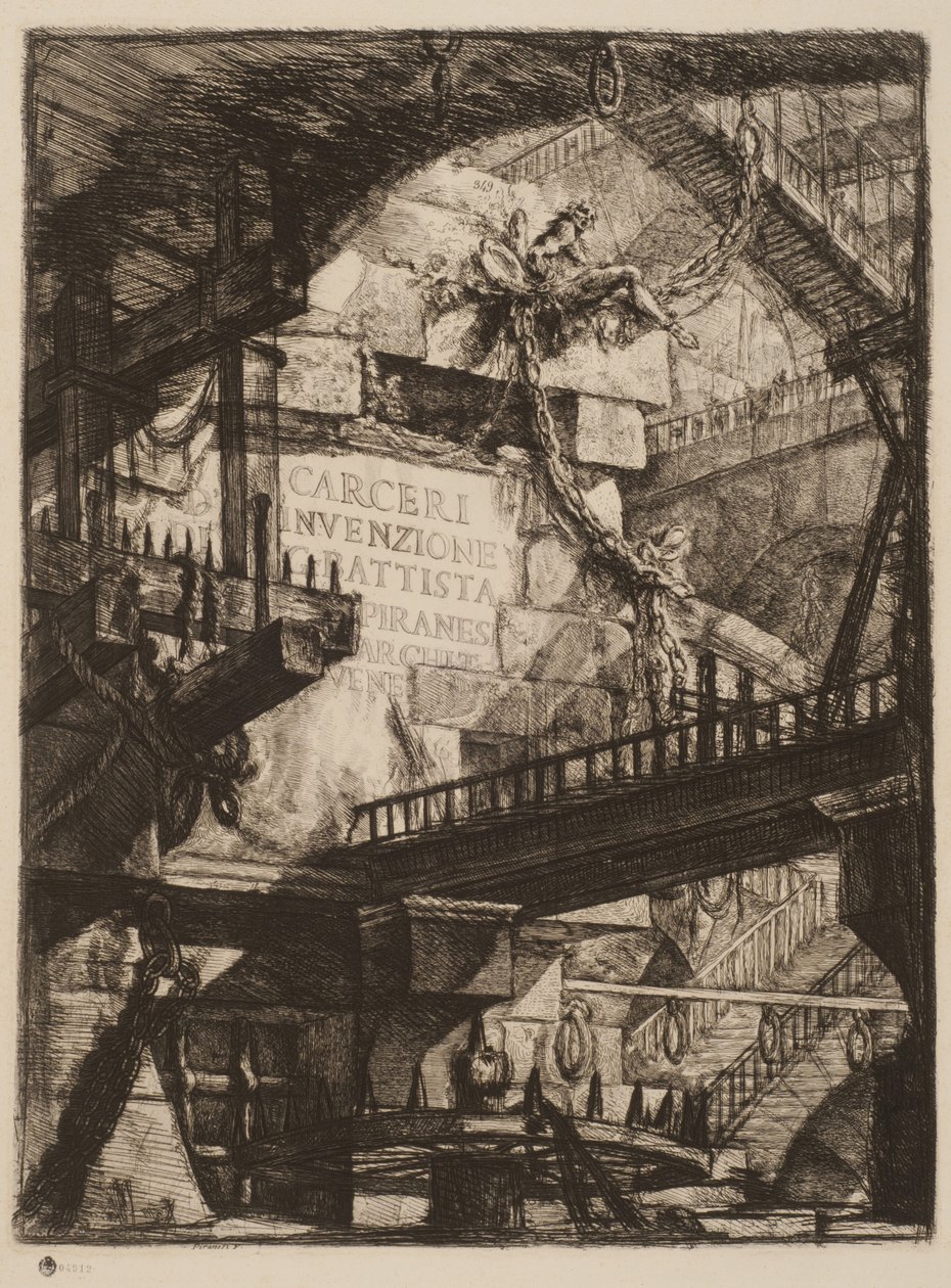 Nimikilpi, levy I kuvitteellisista vankiloista, n. 1750 (etsaus paperille) tekijältä Giovanni Battista Piranesi