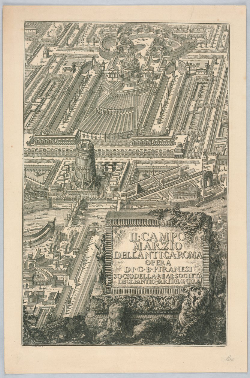 Nimisivu, "Muinaisen Rooman Campo Marzio", osasta 20 "Giovanni Battista Piranesin täydelliset teokset" tekijältä Giovanni Battista Piranesi