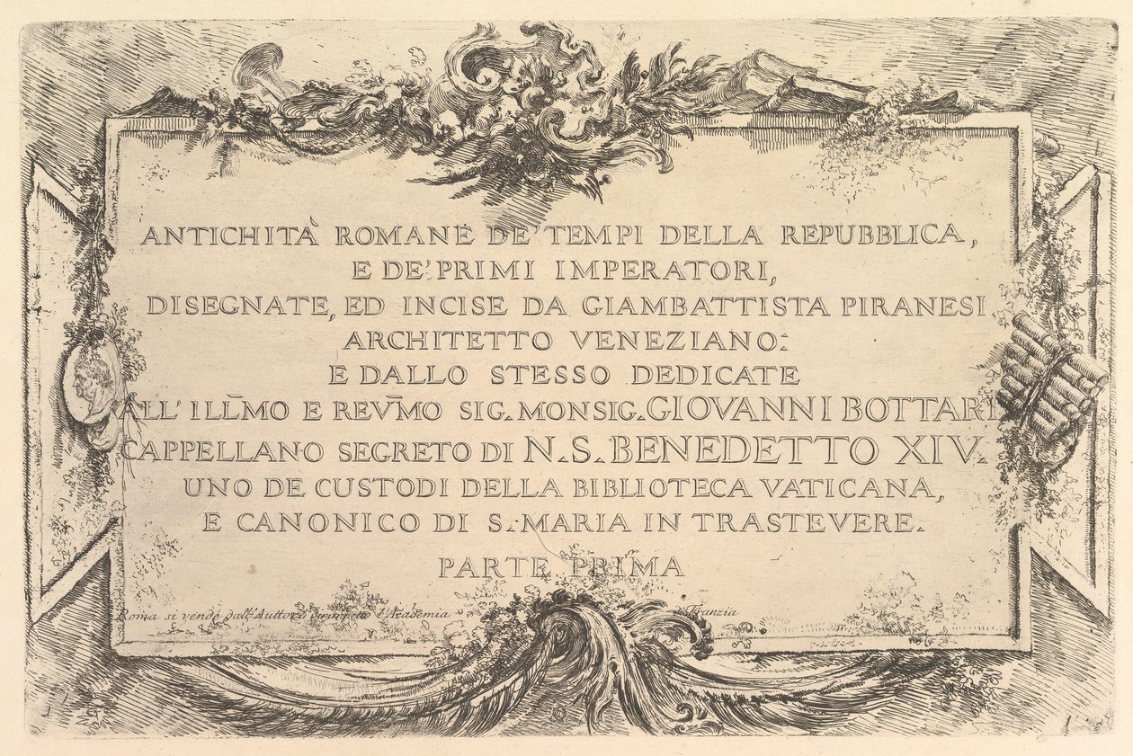 Nimilehti: Tasavallan ja ensimmäisten keisarien Antich... roomalainen antiikin aika..., n. 1748. tekijältä Giovanni Battista Piranesi